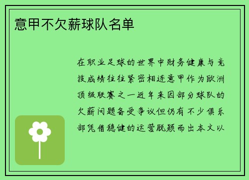 意甲不欠薪球队名单